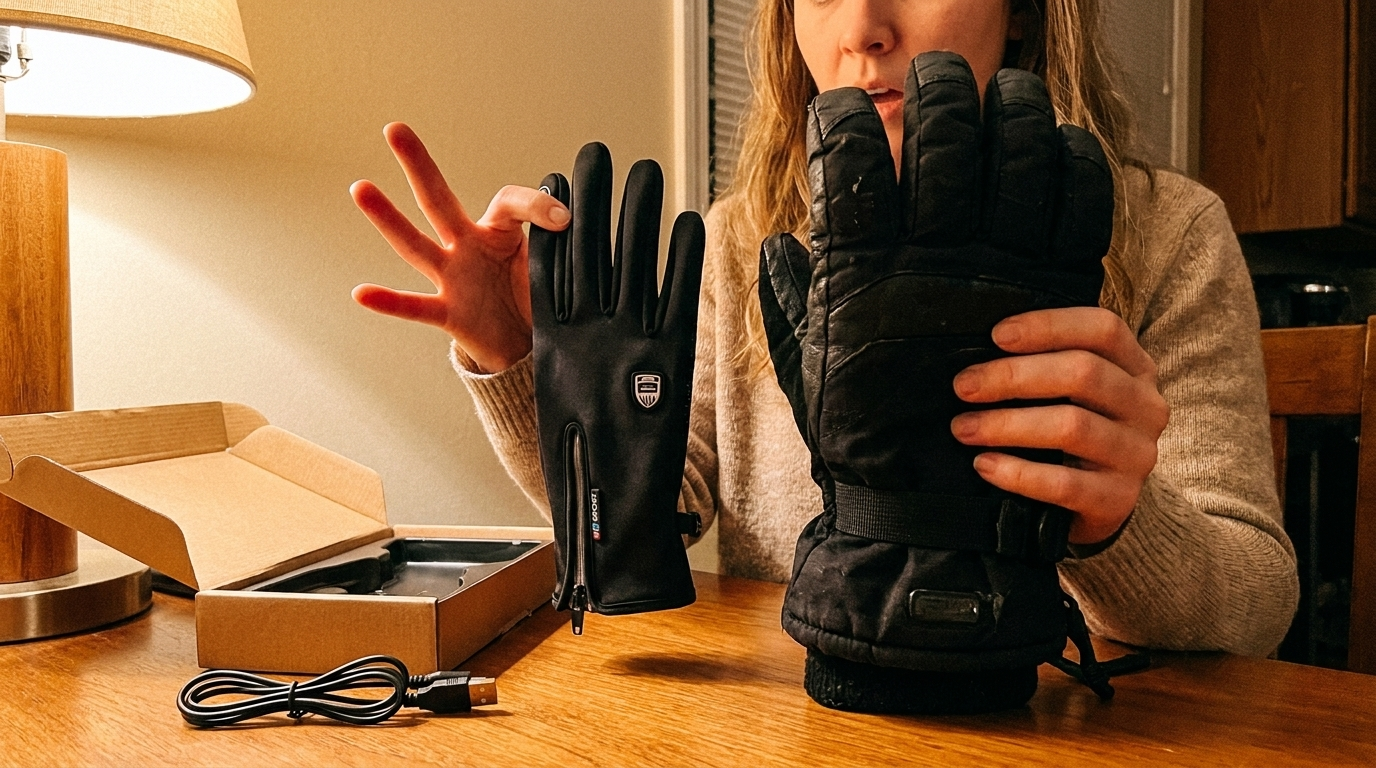 Woman comparing the thin heated glove against a bulky old winter glove at home
