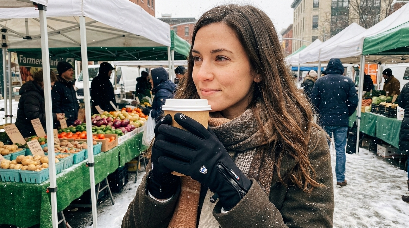 Woman holding a coffee cup at a snowy farmers market wearing thin heated gloves