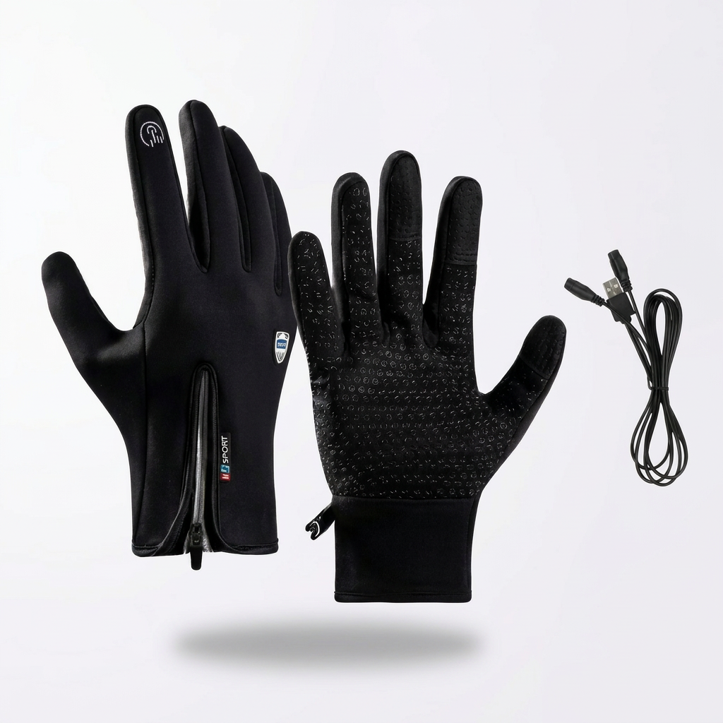 Pair of thin black heated gloves with USB cable on a clean background